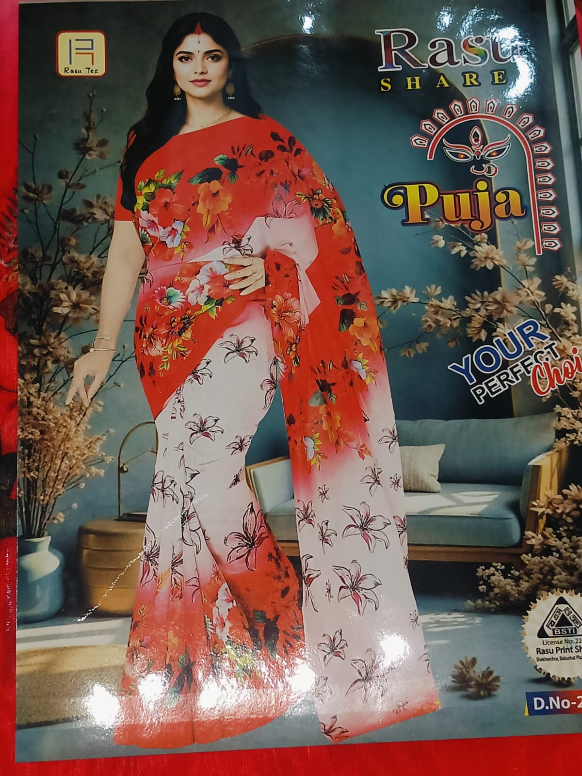 Multicolor Digital Print Saree red white