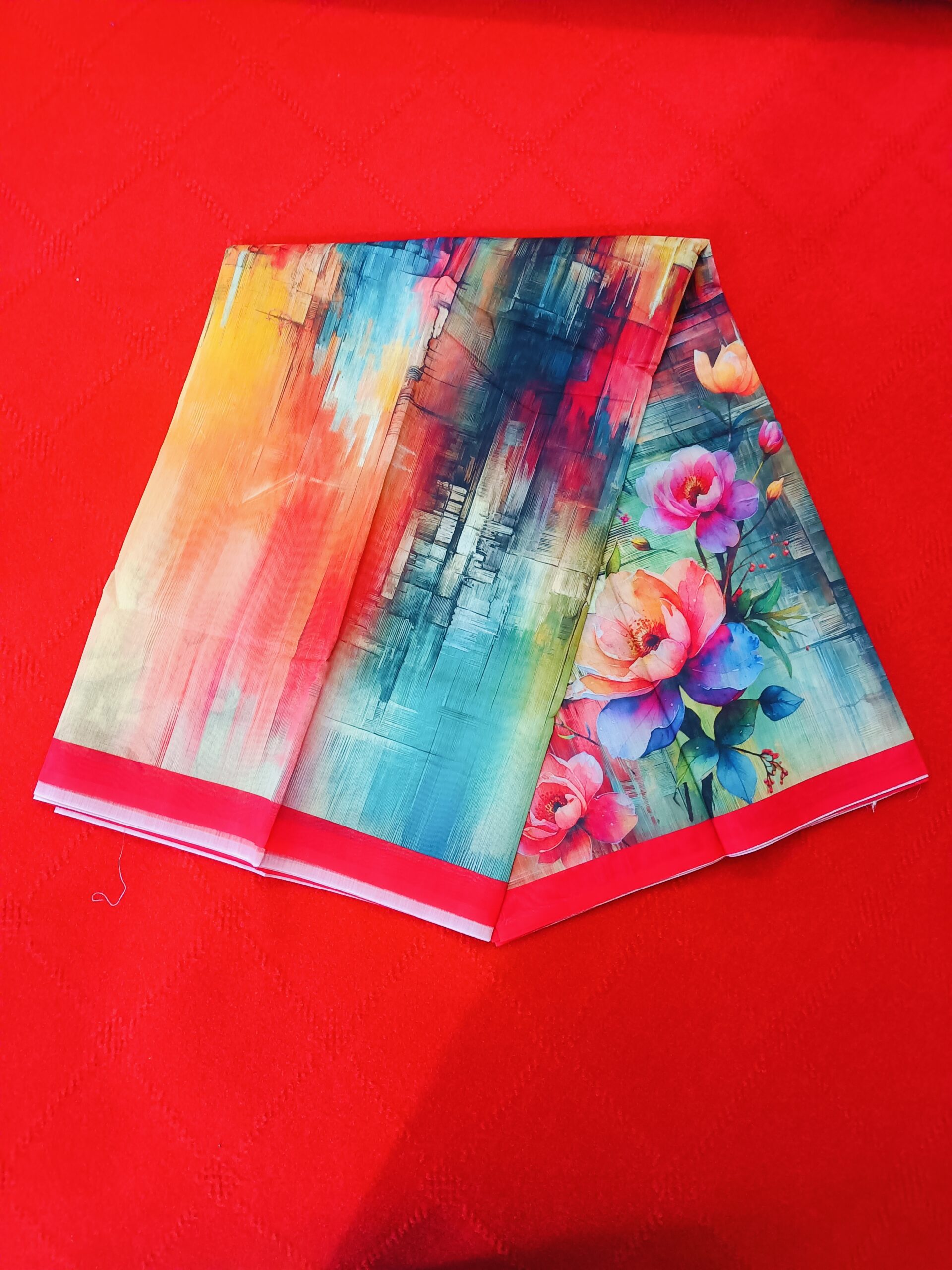 Multicolor Digital Print Saree Red with Black